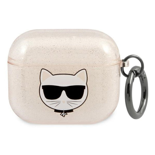 Karl Lagerfeld Choupette galvos blizgučių dėklas, skirtas AirPods 3 (Auksinis)