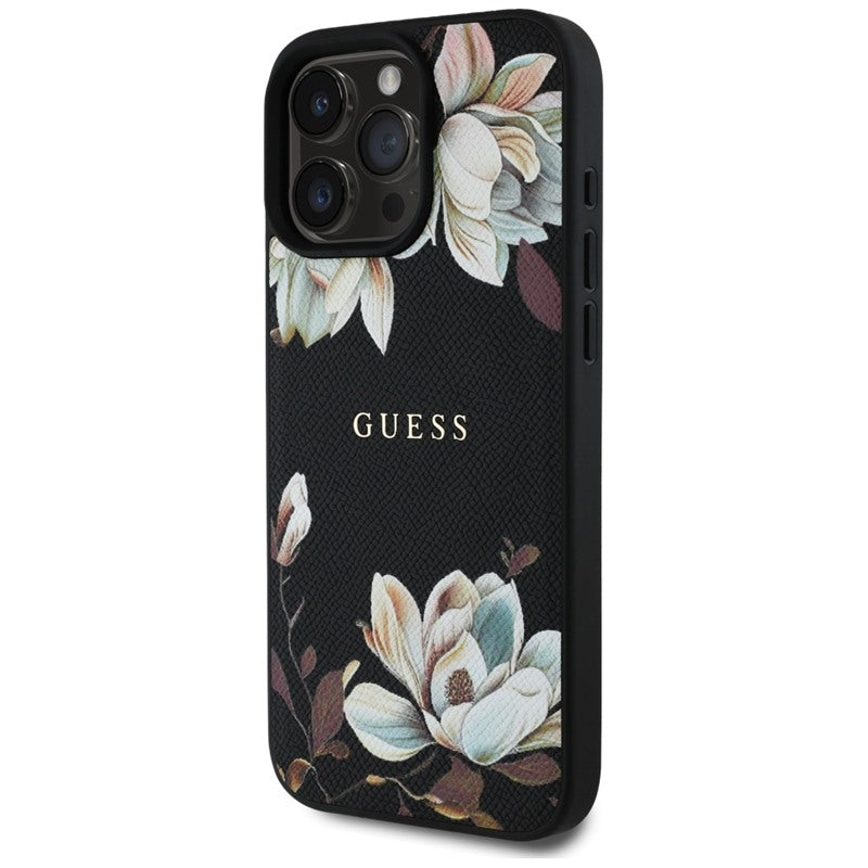 Guess Grūdėtas spausdintas gėlių raštas MagSafe dėklas iPhone 16 Pro (juodas)