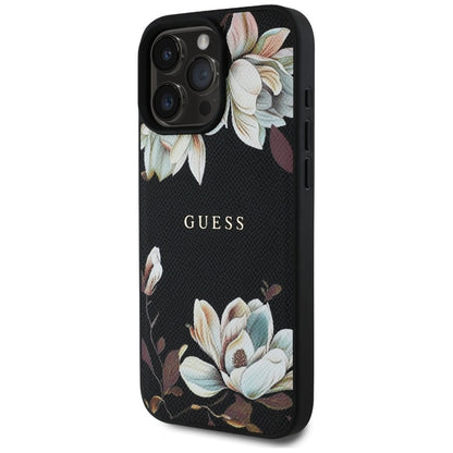Guess Grūdėtas spausdintas gėlių raštas MagSafe dėklas iPhone 16 Pro (juodas)