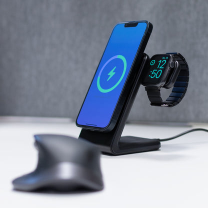 Crong MagSpot Pivot Stand - 3-in-1 belaidis įkroviklis su MagSafe, skirtas iPhone, Apple Watch ir AirPods (juodas)