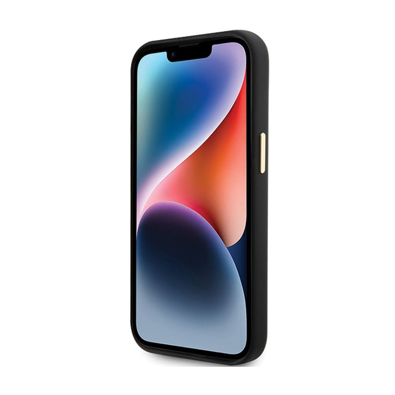 Guess Silikono Scrip with metal Guess logotipu ir rėmeliu - iPhone 15 dėklas (juodas)