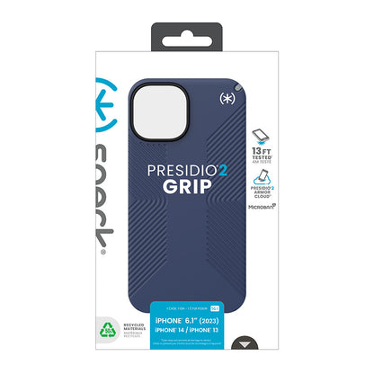 Speck Presidio2 Grip – dėklas, skirtas iPhone 16e / iPhone 15 / iPhone 14 / iPhone 13 (Pakrantės Mėlyna / Dulkių Pilka / Balta)