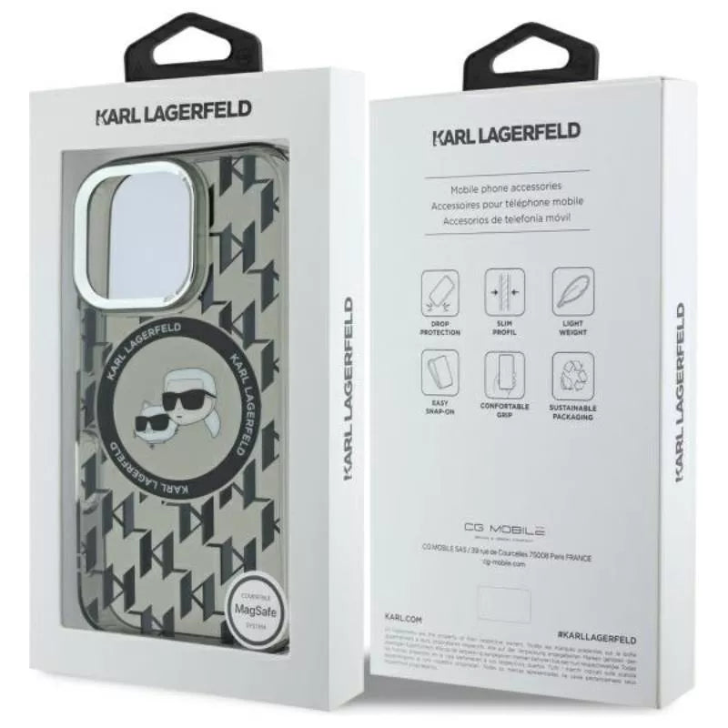 Karl Lagerfeld IML Monogram Karl & Choupette Head MagSafe - dėklas, skirtas iPhone 16 Pro Max (juodas)