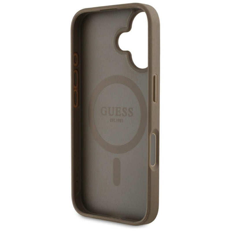 Guess Grained Hot Stamp Peony Triangle Logo MagSafe – dėklas iPhone 16 (rudas)