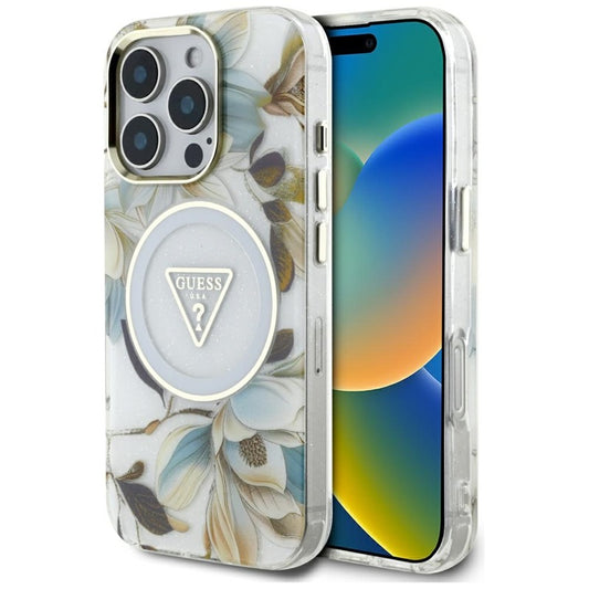 Guess Blizgančios Gėlės Trikampiai Mygtukai MagSafe - Dėklas iPhone 16 Pro (balta)