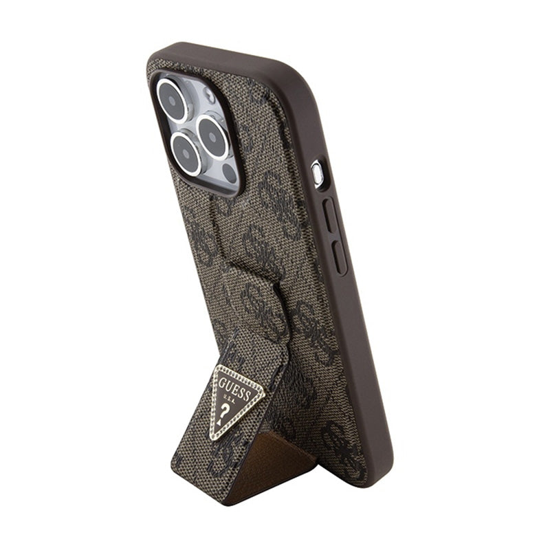 Guess Grip Stand 4G Triangle Strass Logo – „iPhone 15 Pro“ dėklas (rudas)