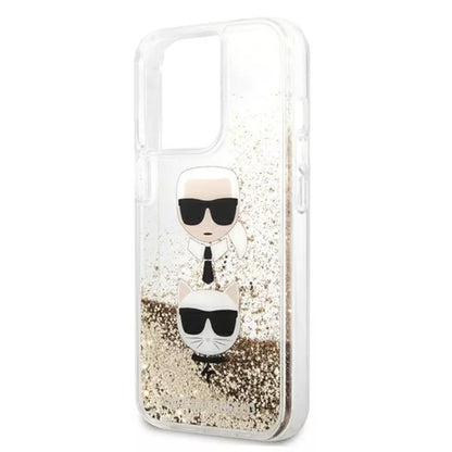 Karl Lagerfeld Liquid Glitter Karl & Choupette Head – dėklas, skirtas „iPhone 13 Pro Max“ (auksinis)