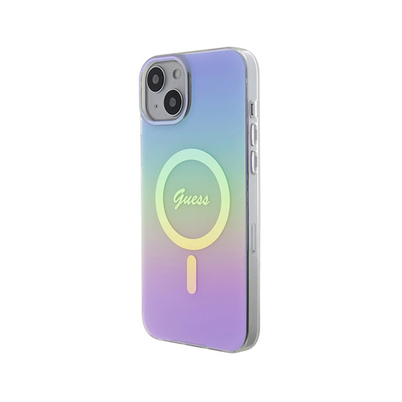 Guess IML Iridescent MagSafe – iPhone 15 Plus dėklas (violetinis)