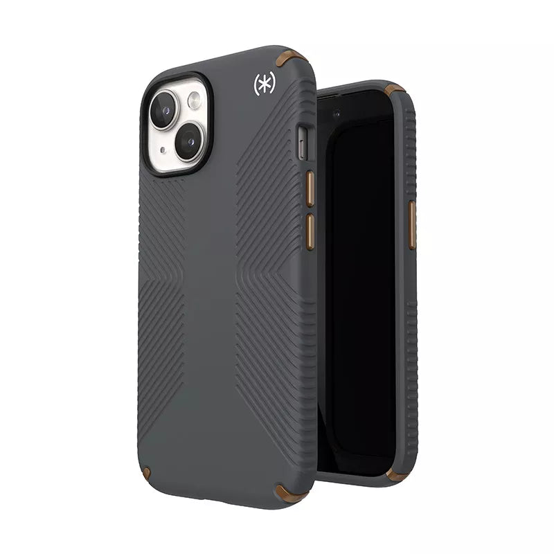 Speck Presidio2 Grip – Dėklas, skirtas iPhone 16e / iPhone 15 / iPhone 15 Pro / iPhone 14 / iPhone 14 Pro / iPhone 14 Pro Max / iPhone 13 / iPhone 13 Pro / iPhone 13 Pro Max / iPhone 13 Mini (Anglies pilkumo / Vėsios bronzos / Baltos)