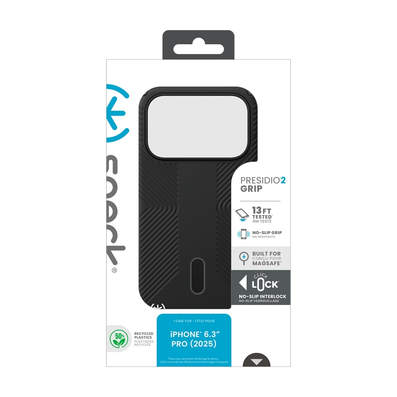 Speck Presidio2 Grip ClickLock ir MagSafe – dėklas iPhone 17 Pro (juodos / plokščių pilkos / baltos spalvos)