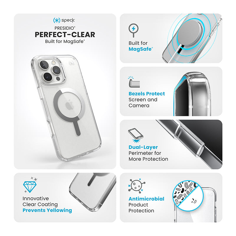 Speck Presidio Perfect-Clear MagSafe – dėklas, skirtas iPhone 16 Pro Max (skaidrus / chromo apdaila / sereno sidabras)