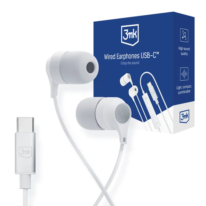 3mk laidinės USB-C ausinės – laidinės į ausis įstatomos ausinės (baltos)