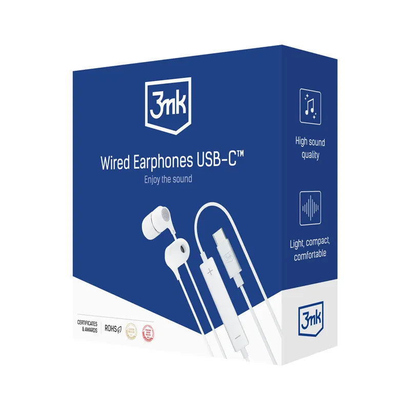 3mk laidinės USB-C ausinės – laidinės į ausis įstatomos ausinės (baltos)