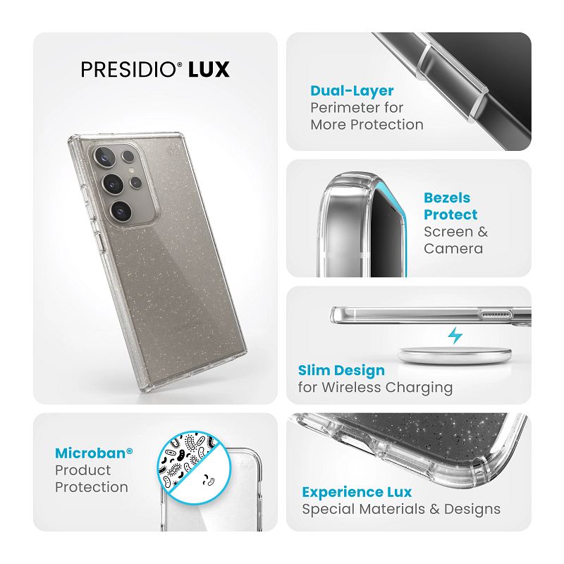 Speck Presidio Lux Glitter - „Samsung Galaxy S24 Ultra“ dėklas (skaidrus / aukso blizgučiai)