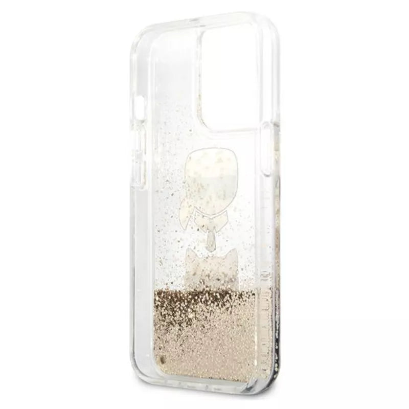 Karl Lagerfeld Liquid Glitter Karl & Choupette Head – dėklas, skirtas „iPhone 13 Pro Max“ (auksinis)