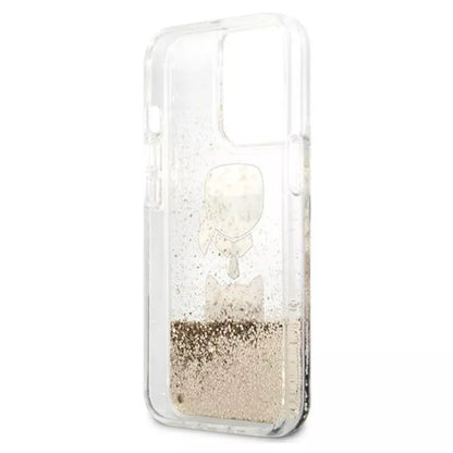 Karl Lagerfeld Liquid Glitter Karl & Choupette Head – dėklas, skirtas „iPhone 13 Pro Max“ (auksinis)