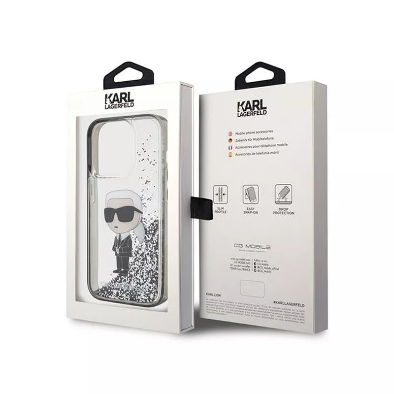 Karl Lagerfeld Liquid Glitter Ikonik – „iPhone 15 Pro Max“ dėklas (skaidrus)