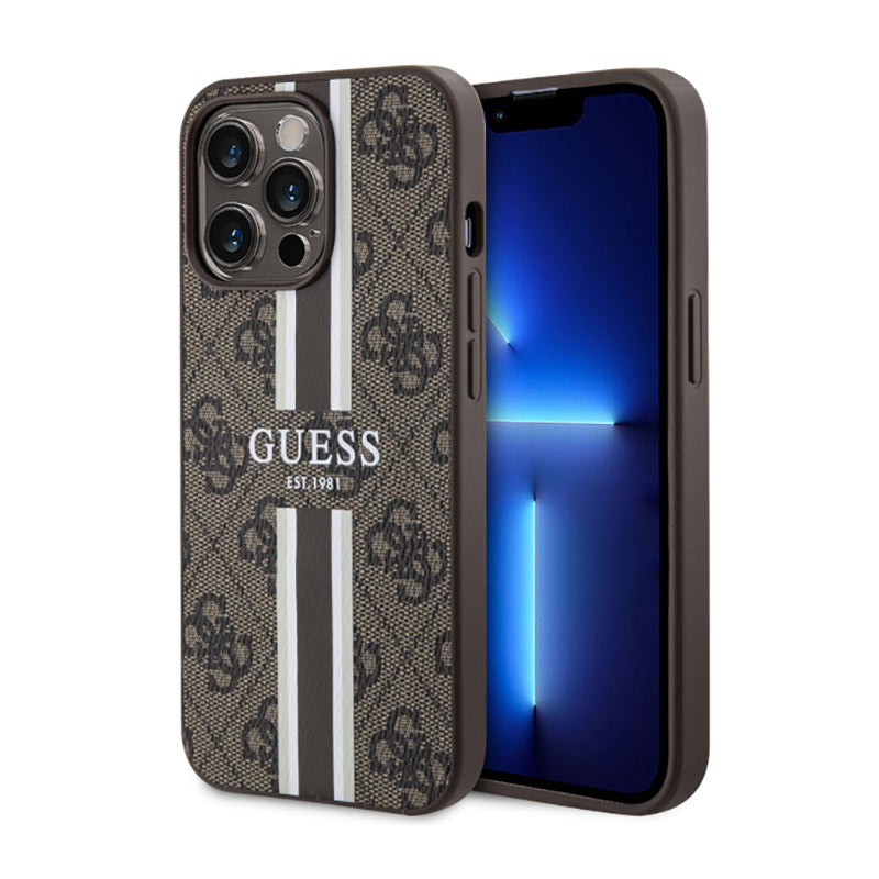 Guess 4G Printed Stripes MagSafe – Dėklas, skirtas iPhone 13 Pro Max (rudas)
