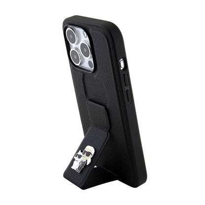 Karl Lagerfeld Gripstand Saffiano Karl & Choupette Pins - iPhone 15 Pro dėklas (juodas)