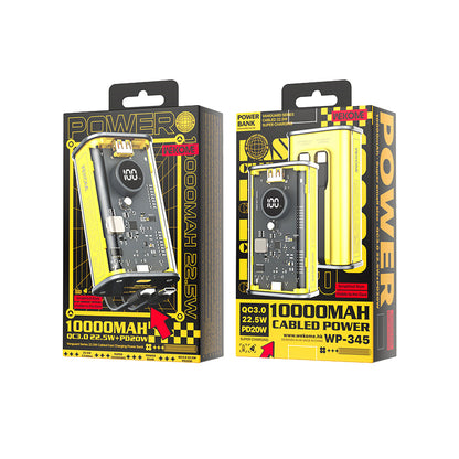 WEKOME WP-345 Vanguard Series - 10000 mAh greito įkrovimo maitinimo blokas su įmontuotais USB-C ir Lightning PD 20W laidais + QC 22.5W (geltonas)