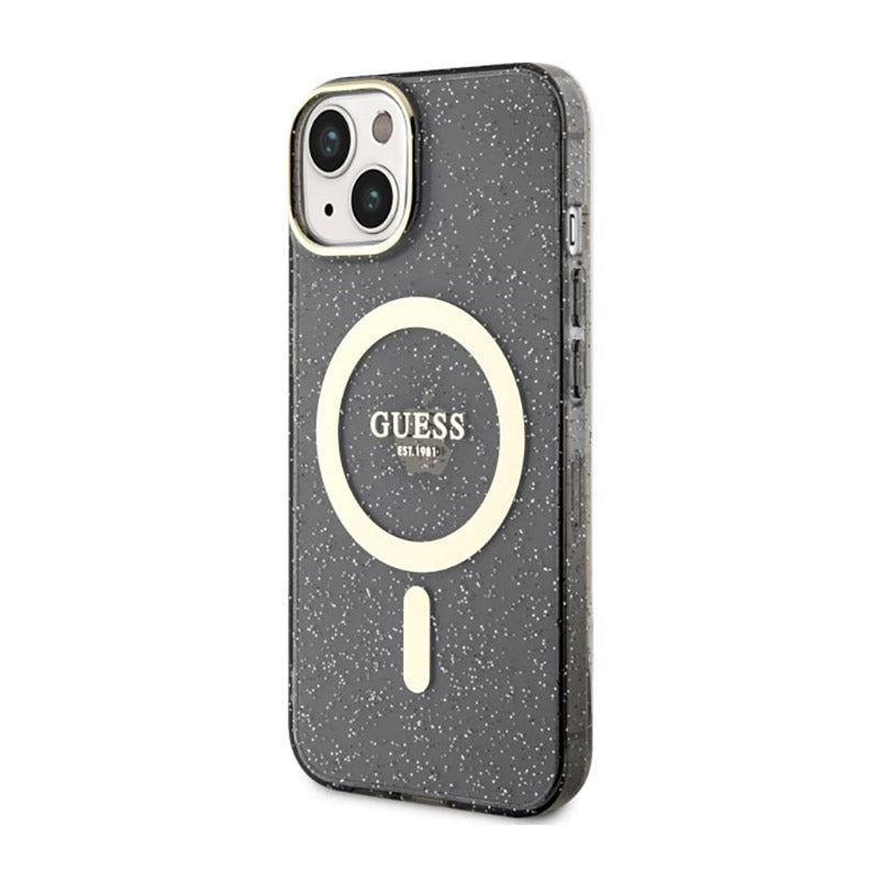 Guess Glitter Gold MagSafe – dėklas iPhone 14 (juodas)