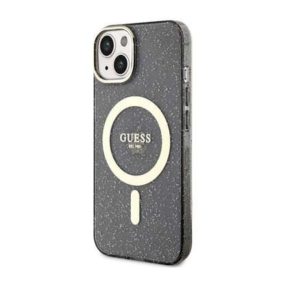 Guess Glitter Gold MagSafe – dėklas iPhone 14 (juodas)