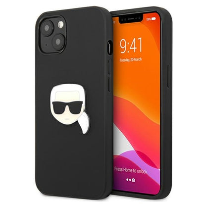 Karl Lagerfeld PU odinis Karlo galvos metalinis dėklas, skirtas „iPhone 13 mini“ (juodas)