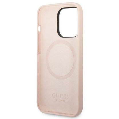 Guess Silicone Logo Plate MagSafe – dėklas iPhone 14 Pro Max (rožinis)