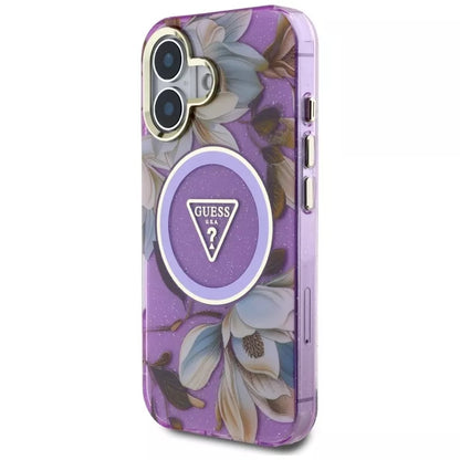 Guess Glitter Flowers Triangle Buttons MagSafe – dėklas, skirtas iPhone 16 (violetinė)