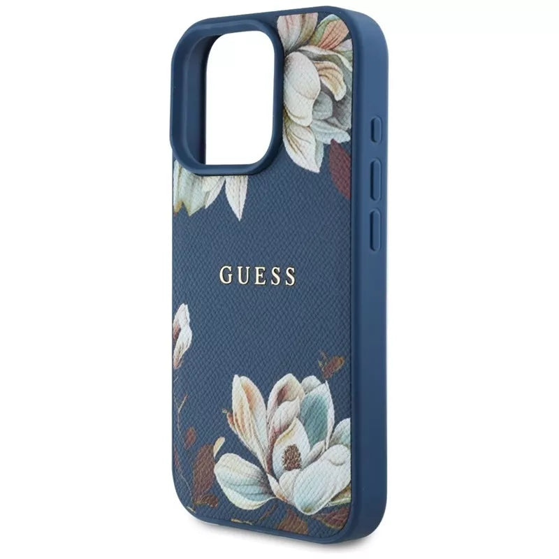 Guess Grained Printed Flower Pattern MagSafe - dėklas, skirtas iPhone 16 Pro (mėlynas)
