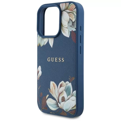 Guess Grained Printed Flower Pattern MagSafe - dėklas, skirtas iPhone 16 Pro (mėlynas)
