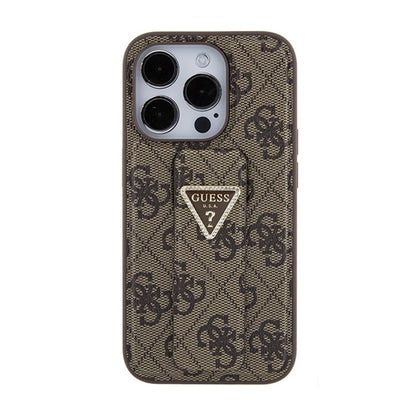 Guess Grip Stand 4G Triangle Strass Logo – „iPhone 15 Pro“ dėklas (rudas)