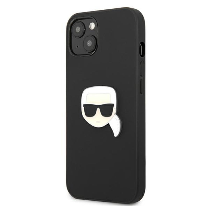 Karl Lagerfeld PU odinis Karlo galvos metalinis dėklas, skirtas „iPhone 13 mini“ (juodas)