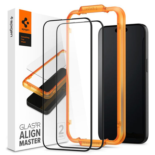 Spigen Alm Glass FC 2-Pack – Grūdintas stiklas iPhone 15 (2 vnt., juodu rėmeliu)