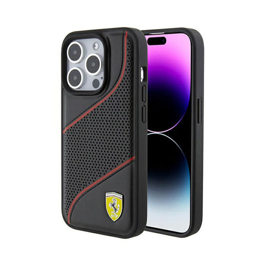 Ferrari Perforated Waves Metal Logo – iPhone 15 Pro dėklas (juodas)