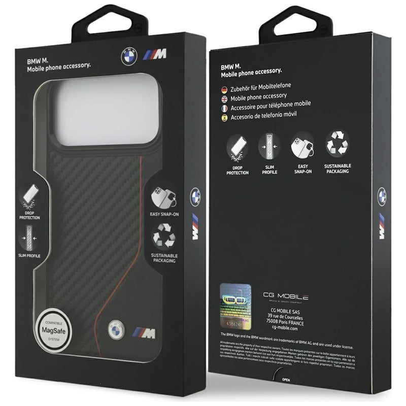 BMW M Carbon Line & Logo MagSafe - dėklas iPhone 17 Pro Max (raudonas)