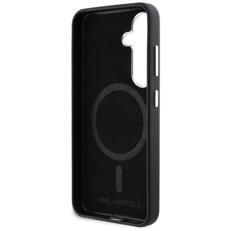 Karl Lagerfeld Safiano Pilnai Apgaubtas Ilgintas Metalinis Logotipas MagSafe – Dėklas, skirtas Samsung Galaxy S25+ (juodas)
