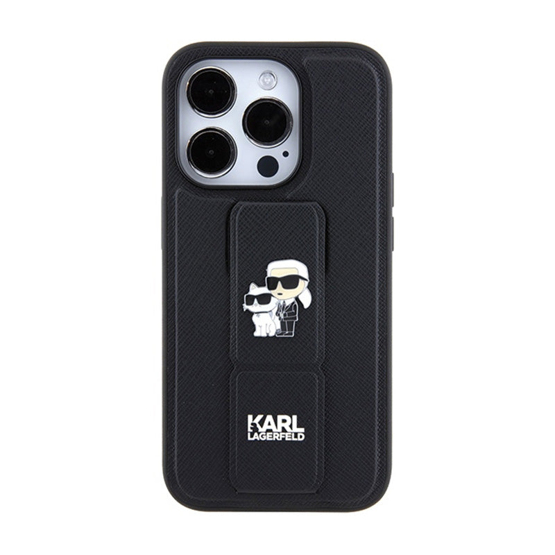 Karl Lagerfeld Gripstand Saffiano Karl & Choupette Pins - iPhone 15 Pro dėklas (juodas)
