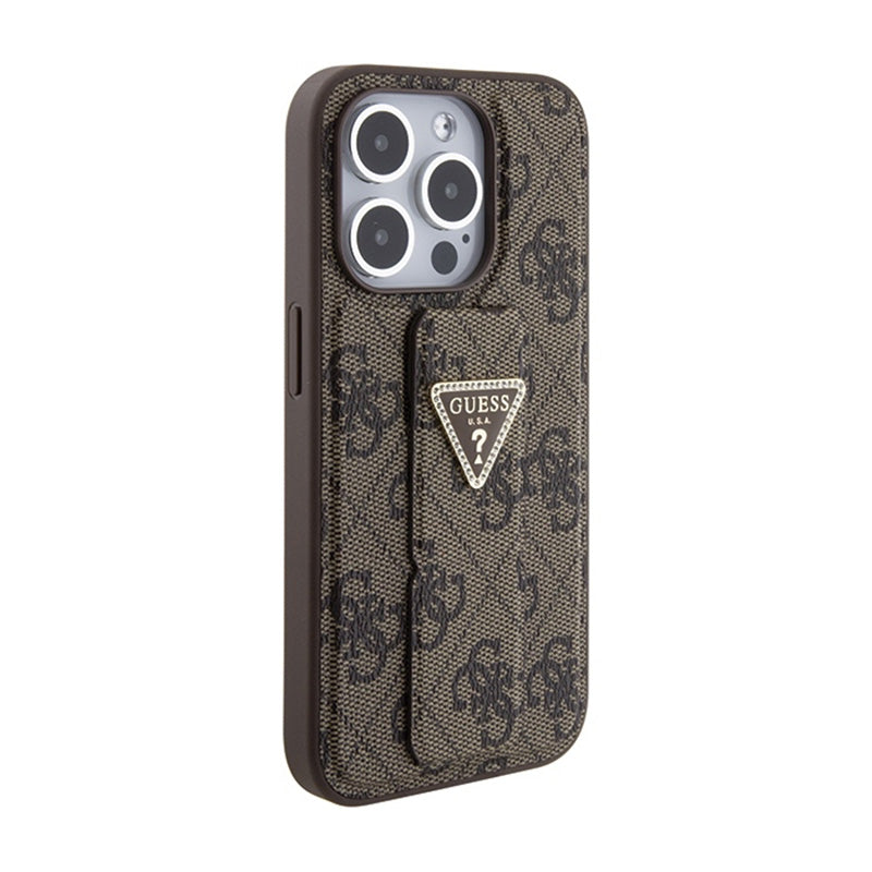 Guess Grip Stand 4G Triangle Strass Logo – „iPhone 15 Pro“ dėklas (rudas)