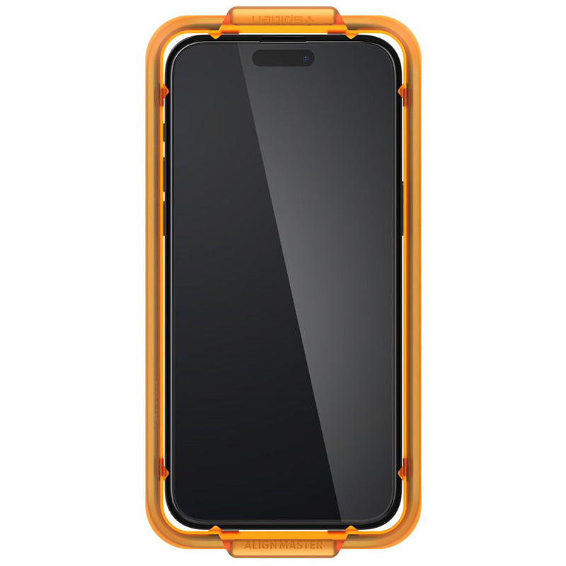 Spigen Alm Glass FC 2-Pack – Grūdintas stiklas iPhone 15 (2 vnt., juodu rėmeliu)