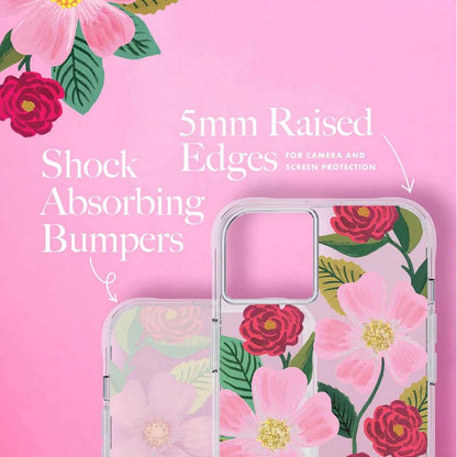 Rifle Paper Clear – permatomas dėklas su aukso spalvos dekoracija, skirtas „iPhone 14 Plus“ („Rose Garden“)