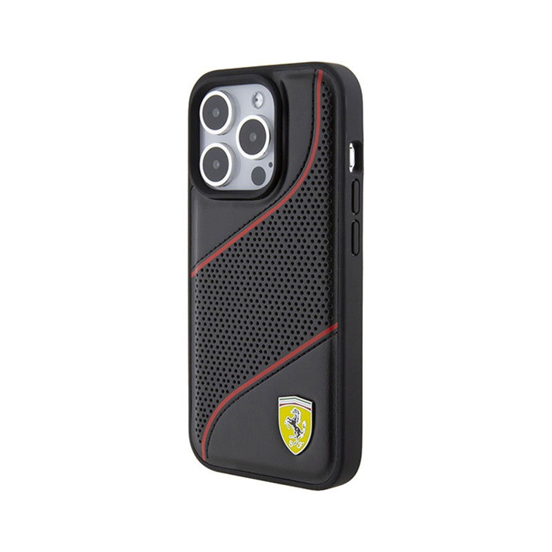 Ferrari Perforated Waves Metal Logo – iPhone 15 Pro dėklas (juodas)