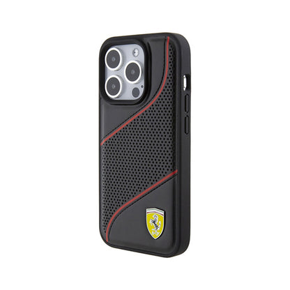 Ferrari Perforated Waves Metal Logo – iPhone 15 Pro dėklas (juodas)