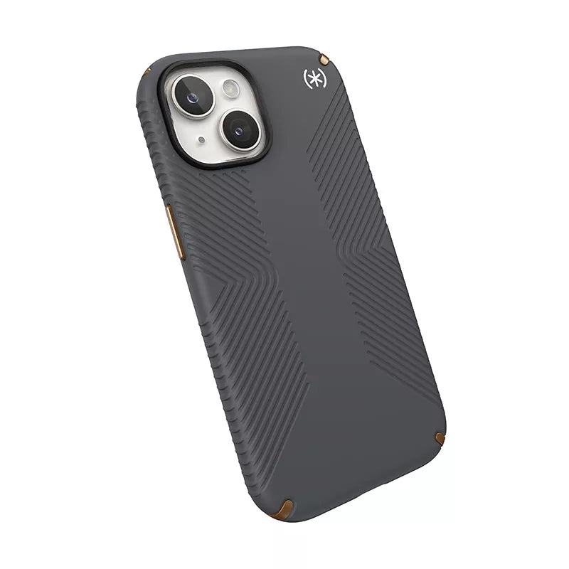 Speck Presidio2 Grip – Dėklas, skirtas iPhone 16e / iPhone 15 / iPhone 15 Pro / iPhone 14 / iPhone 14 Pro / iPhone 14 Pro Max / iPhone 13 / iPhone 13 Pro / iPhone 13 Pro Max / iPhone 13 Mini (Anglies pilkumo / Vėsios bronzos / Baltos)