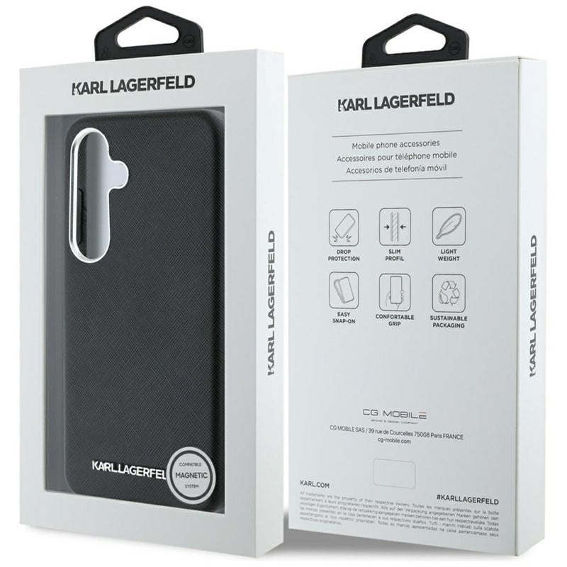 Karl Lagerfeld Safiano Pilnai Apgaubtas Ilgintas Metalinis Logotipas MagSafe – Dėklas, skirtas Samsung Galaxy S25+ (juodas)