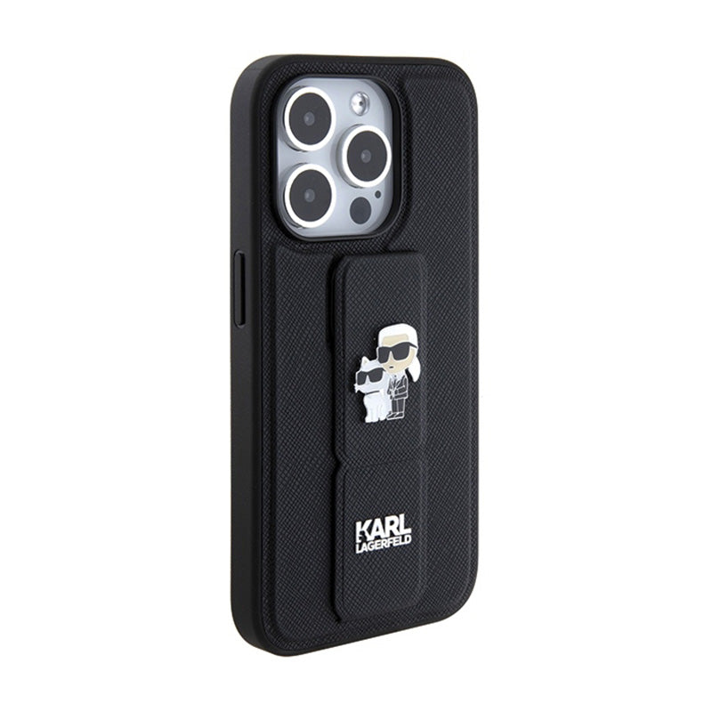 Karl Lagerfeld Gripstand Saffiano Karl & Choupette Pins - iPhone 15 Pro dėklas (juodas)