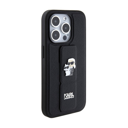 Karl Lagerfeld Gripstand Saffiano Karl & Choupette Pins - iPhone 15 Pro dėklas (juodas)