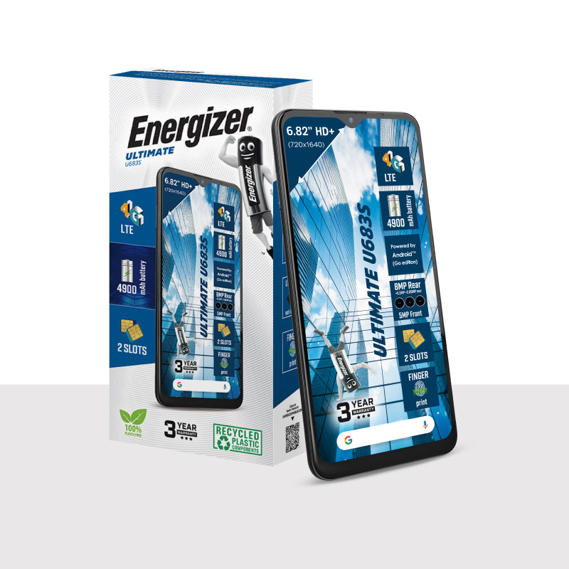 Energizer Ultimate U683S – išmanusis telefonas su 2GB RAM, 64GB vidine atmintimi, 6.82 colių ekranu, 4G LTE, Dual SIM, skirtas ES rinkai (juodos spalvos).
