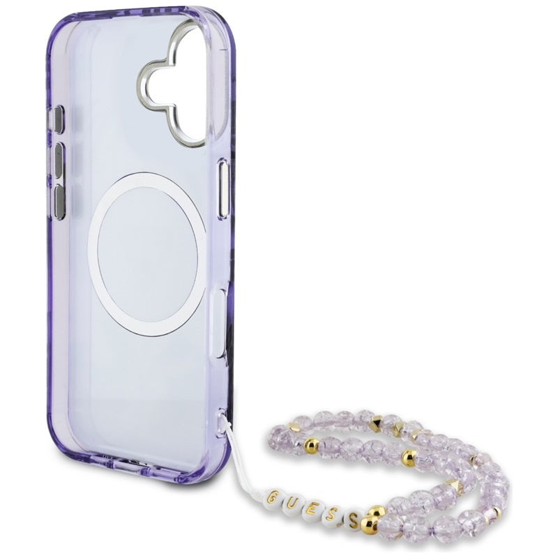 Guess Palm Trees Triangle Pearl Strap MagSafe – Dėklas skirtas iPhone 16 (violetinis)
