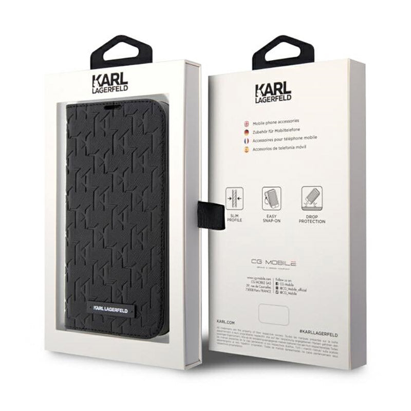 Karl Lagerfeld Knygos tipo dėklas Saffiano Monogram – dėklas iPhone 14 Pro (juodas)